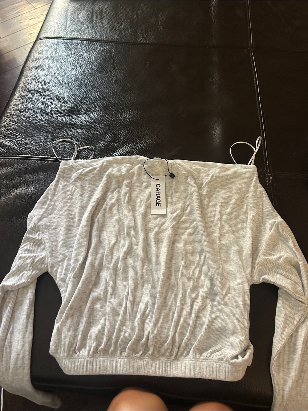 Garage Light Gray Off-Shoulder Long Sleeve Top